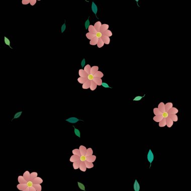 Serbest kompozisyonda yeşil yapraklı basit çiçekler, vektör illüstrasyonu