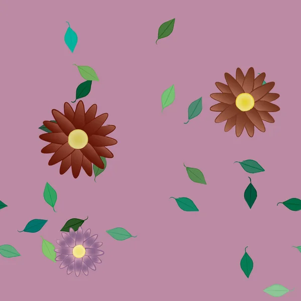 Șablon Vectorial Flori Simple Colorate Frunze Verzi — Vector de stoc