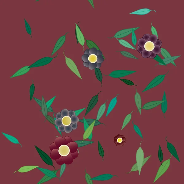 Modèle Vectoriel Avec Des Fleurs Colorées Simples Des Feuilles Vertes — Image vectorielle