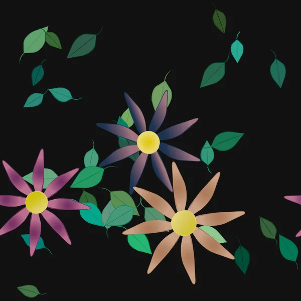 Plantilla Vector Con Flores Coloridas Simples Hojas Verdes — Archivo Imágenes Vectoriales