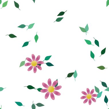 Duvar kağıdı, vektör illüstrasyonu için basit renkli çiçekler ve yeşil yapraklar