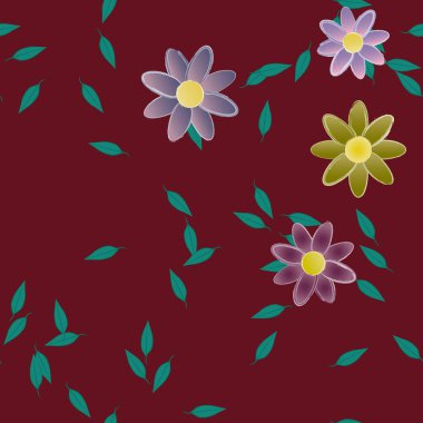 Serbest kompozisyonda yeşil yapraklı basit çiçekler, vektör illüstrasyonu