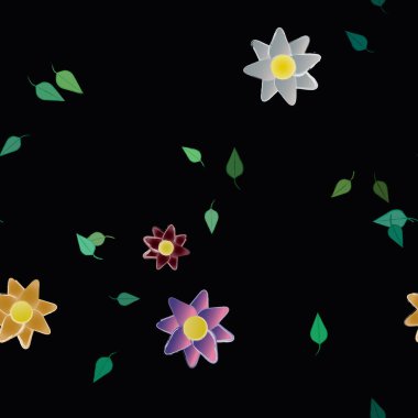 Serbest kompozisyonda yeşil yapraklı basit çiçekler, vektör illüstrasyonu