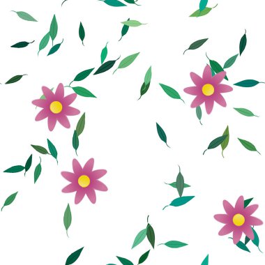 Serbest kompozisyonda yeşil yapraklı basit çiçekler, vektör illüstrasyonu