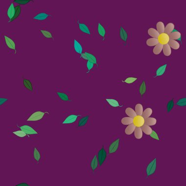 Serbest kompozisyonda yeşil yapraklı basit çiçekler, vektör illüstrasyonu