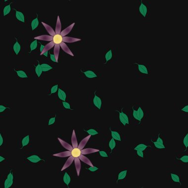 Serbest kompozisyonda yeşil yapraklı basit çiçekler, vektör illüstrasyonu