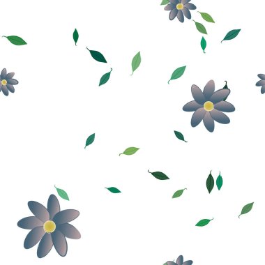 Serbest kompozisyonda yeşil yapraklı basit çiçekler, vektör illüstrasyonu