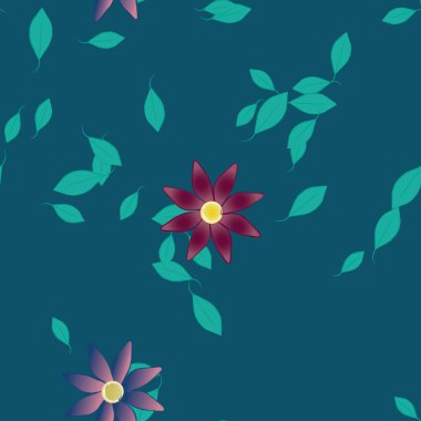 Basit çiçek ve yeşil yapraklı tasarım kompozisyonu, vektör illüstrasyonu