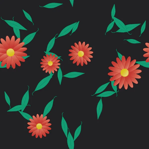 Plantilla Vector Con Flores Coloridas Simples Hojas Verdes — Archivo Imágenes Vectoriales