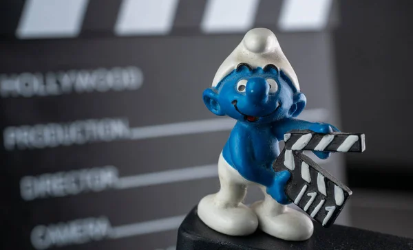 Perugia Itália Março 2019 Diretor Figura Ação Smurf Com Fundo — Fotografia de Stock