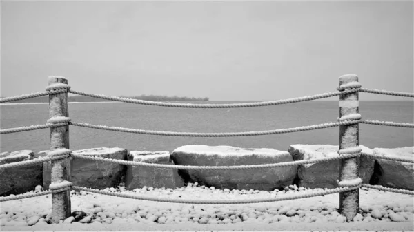 Cerca Beira Mar Dia Nevado Trillium Park Toronto Canadá Black — Fotografia de Stock