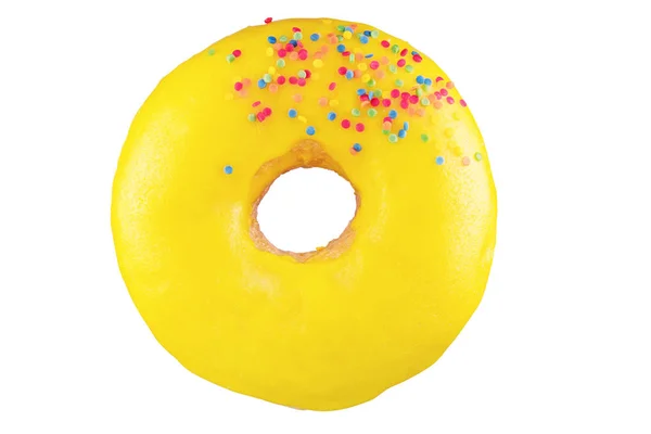 Isolierter Donut mit gelbem Zuckerguss, bestreut. Schuss auf den Stapel. Fotografiert durch Stapeln. — Stockfoto