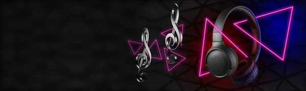 クラブミュージックのコンセプト 暗い背景にワイヤレスブラックヘッドフォン ヘッドフォンで音楽を聴く 高音質 — ストック写真