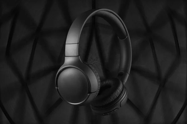 Wireless Headphones Dark Background Wireless Black Headphones Futuristic Background Listen — Stock Photo, Image