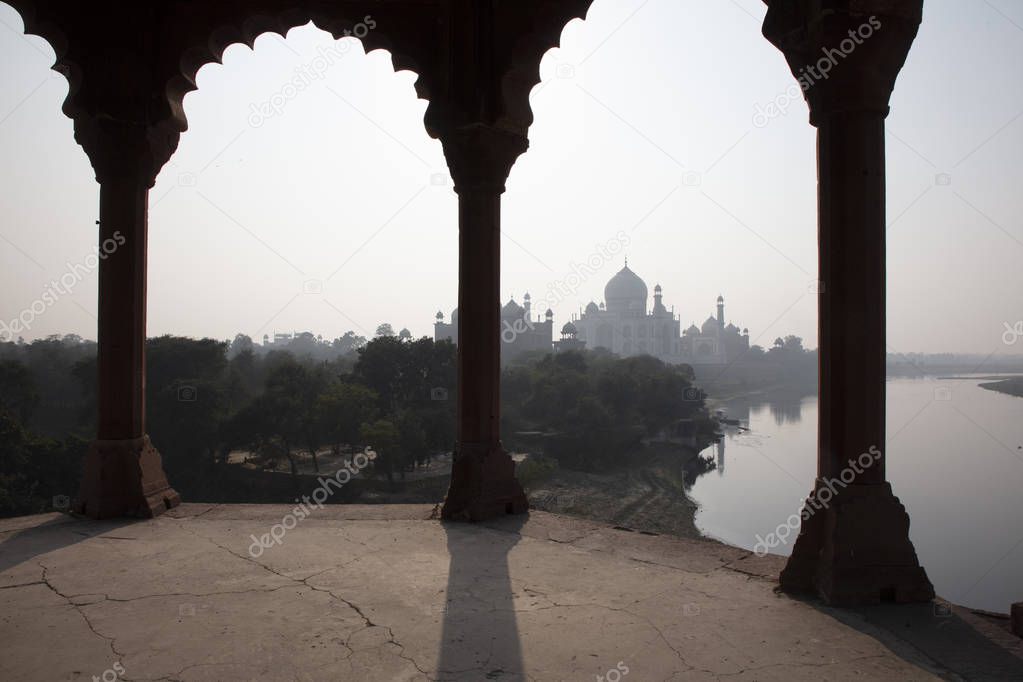 Taj Mahal and Yamuna River view from the pavilion