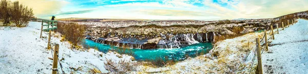 Hraunfossar Egy Vízesés Folyó Felett Hallmundarhraun Láva Mező Alatt Gleccser — Stock Fotó