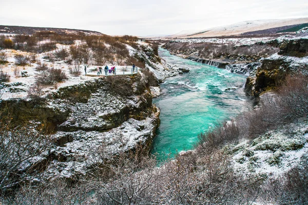 Hraunfossar Водопад Образованный Реками Текущими Над Hallmundarhraun Лавовое Поле Вулкана — стоковое фото