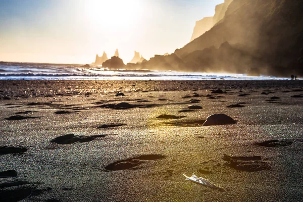 Reynisdrangar Basalt Sea Stacks Foot Mountain Reynisfjall Legend Two Trolls — Stock Photo, Image