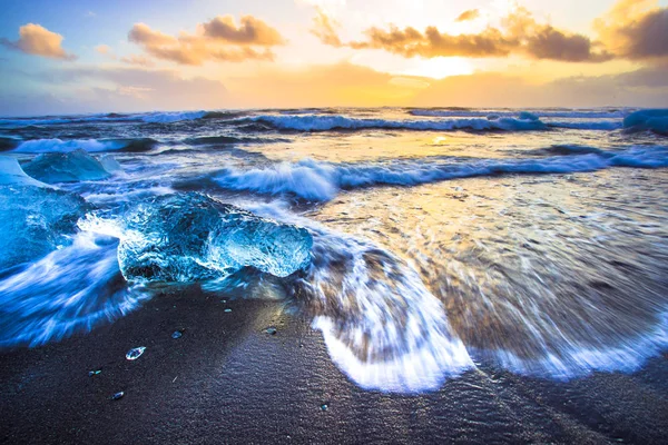 Roche Glace Avec Plage Sable Noir Plage Jokulsarlon Plage Diamant — Photo