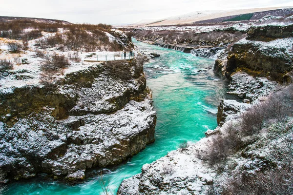 Hraunfossar Водопад Образованный Реками Текущими Над Hallmundarhraun Лавовое Поле Вулкана — стоковое фото