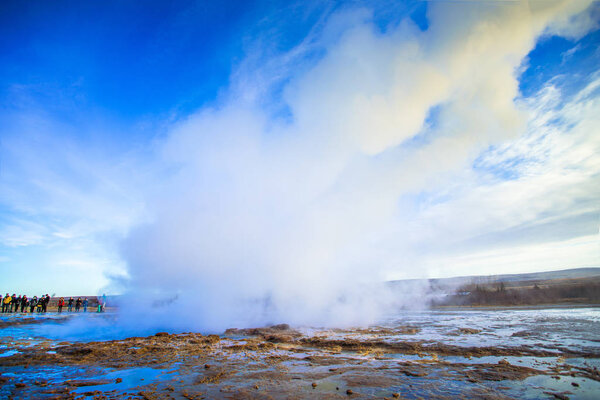Strokkur (Icelandic, churn), one of the most famous geysers located in a geothermal area beside the Hvita River in the southwest part of Iceland, erupting once every 610 minutes
