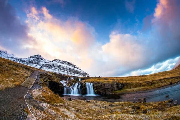 Kirkjufell (Icelandic, Church mountain), a 463 m high mountain on the north coast of Icelands Snaefellsnes peninsula, near the town of Grundarfjordur, Iceland