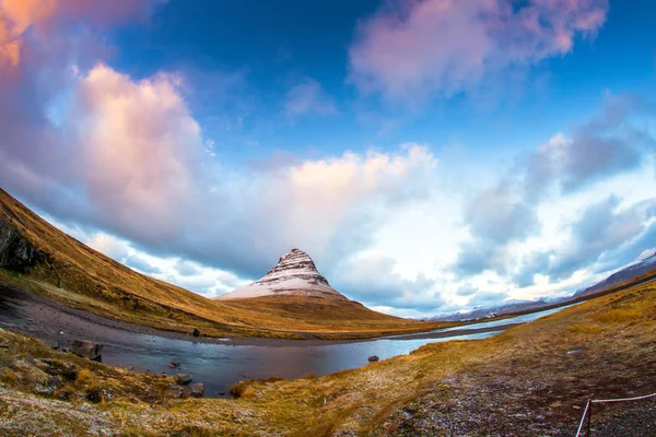 Kirkjufell (Icelandic, Church mountain), a 463 m high mountain on the north coast of Icelands Snaefellsnes peninsula, near the town of Grundarfjordur, Iceland