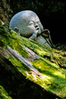 Hiroshima, Chugoku, Japonya - 21 Eylül 2009 - Hatsukaichi şehrinin açıklarındaki Itsukushima adasındaki kutsal dağ olan Misen Dağı 'ndaki Daish-in tapınağında (veya Daisy-in) küçük bir Budist heykeli.