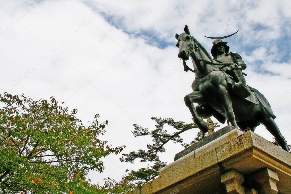 Statue of Masamune Date (the lord of Tohoku region in the Sengoku era) in Sendai castle park (or Aoba castle) on Mount Aoba, Sendai, Miyagi Prefecture, Tohoku region, Japan