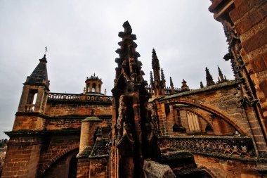 Seville Katedrali 'nin çatısı ve avlusu, ya da Saint Mary of the See Katedrali (Santa Maria de la Sede Katedrali), Giralda' dan (La Giralda), Seville Katedrali 'nin çan kulesi,.