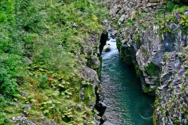 Takachiho Gorge, dar bir uçurum geçit astar neredeyse dik kayalıklar ile Gokase Nehri ile kaya kesiği yavaş volkanik bazalt sütunlar, Takachiho, Miyazaki, Kyushu, Japonya oluşturan oluşur