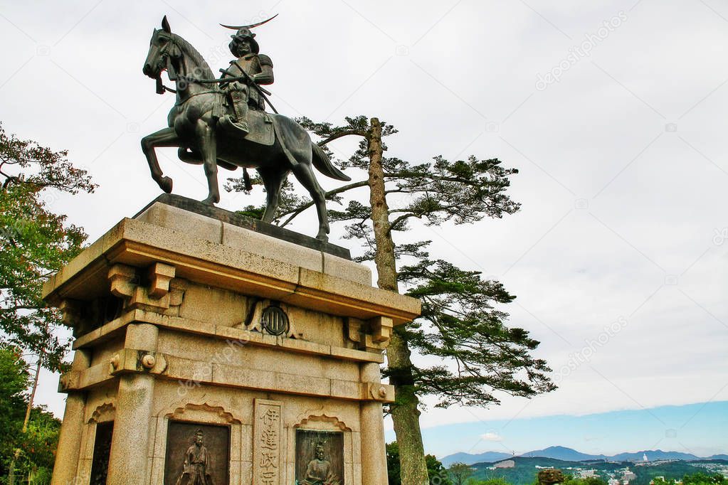 Statue of Masamune Date (the lord of Tohoku region in the Sengoku era) in Sendai castle park (or Aoba castle) on Mount Aoba, Sendai, Miyagi Prefecture, Tohoku region, Japan