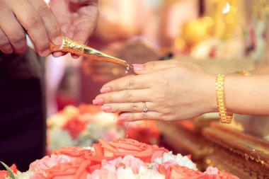 Pathumthani, Tayland - 17 Ocak 2016 - İnsanlar gelin ve damadın mutlu olması için bereket suyu döküyor