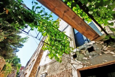 Dubrovnik, Hırvatistan eski kasabasında vintage ev ile dar sokak sahnesi