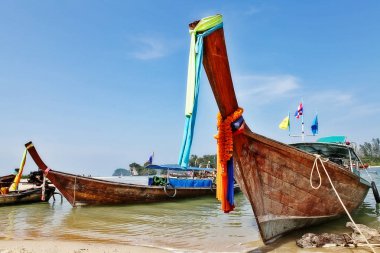 Geleneksel Tayland uzun kuyruklu teknesi sahilde, Krabi, Tayland.