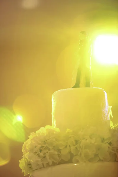 スポットライトのフレアでウェディングケーキに飾られた新郎新婦の結婚式の人形 — ストック写真