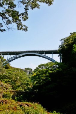 Takachiho Gorge, dar bir uçurum geçit astar neredeyse dik kayalıklar ile Gokase Nehri ile kaya kesiği yavaş volkanik bazalt sütunlar, Takachiho, Miyazaki, Kyushu, Japonya oluşturan oluşur