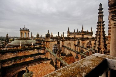 Seville Katedrali 'nin çatısı ve avlusu, ya da Saint Mary of the See Katedrali (Santa Maria de la Sede Katedrali), Giralda' dan (La Giralda), Seville Katedrali 'nin çan kulesi,.