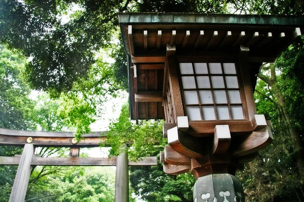 Japansk Lykta Kolonn Med Torii Gate Leder Till Meiji Shrine — Stockfoto