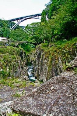 Takachiho Gorge, dar bir uçurum geçit astar neredeyse dik kayalıklar ile Gokase Nehri ile kaya kesiği yavaş volkanik bazalt sütunlar, Takachiho, Miyazaki, Kyushu, Japonya oluşturan oluşur