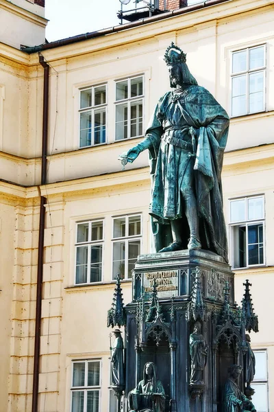 Statue King Charles King Who Built Charles Bridge Front Famous — Stock Photo, Image