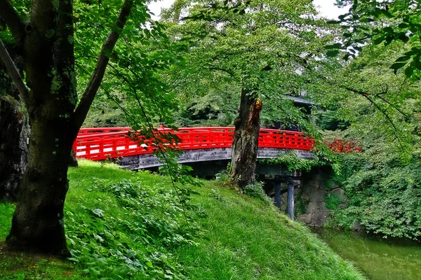 Puente Rojo Japonés Parque Del Castillo Hirosaki Hirosaki Hirosaki Shi — Foto de Stock