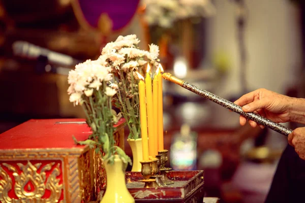 Candles Being Set Fire Thai Traditional Funeral Ceremony — Fotografia de Stock