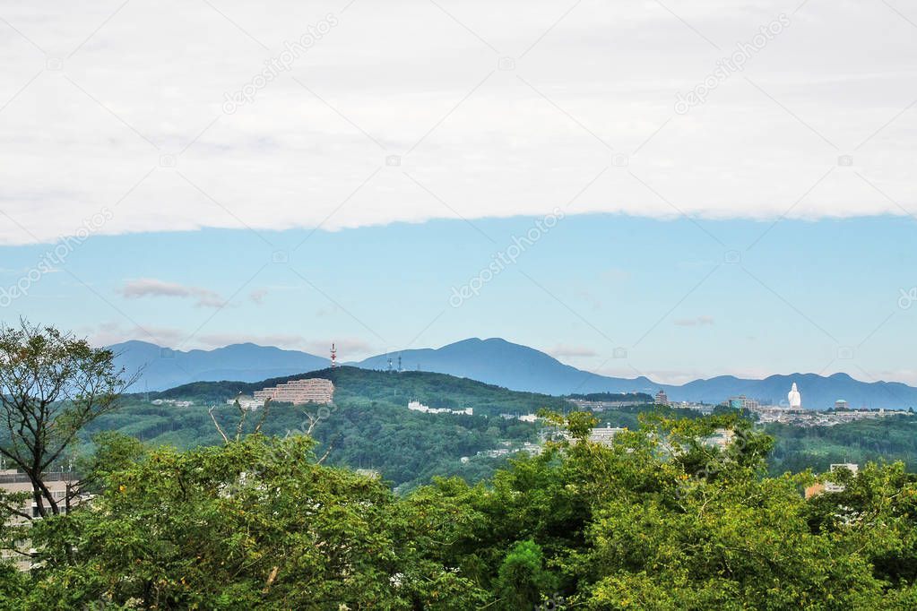 Cityscape of Sendai with Sendai Daikannon in distance, viewed from Mount Aoba, Sendai, Miyagi Prefecture, Tohoku region, Japan