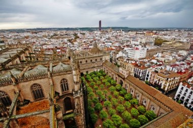 Seville Katedrali 'nin çatısı ve avlusu, ya da Saint Mary of the See Katedrali (Santa Maria de la Sede Katedrali), Giralda' dan (La Giralda), Seville Katedrali 'nin çan kulesi,.