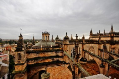Seville Katedrali 'nin çatısı ve avlusu, ya da Saint Mary of the See Katedrali (Santa Maria de la Sede Katedrali), Giralda' dan (La Giralda), Seville Katedrali 'nin çan kulesi,.