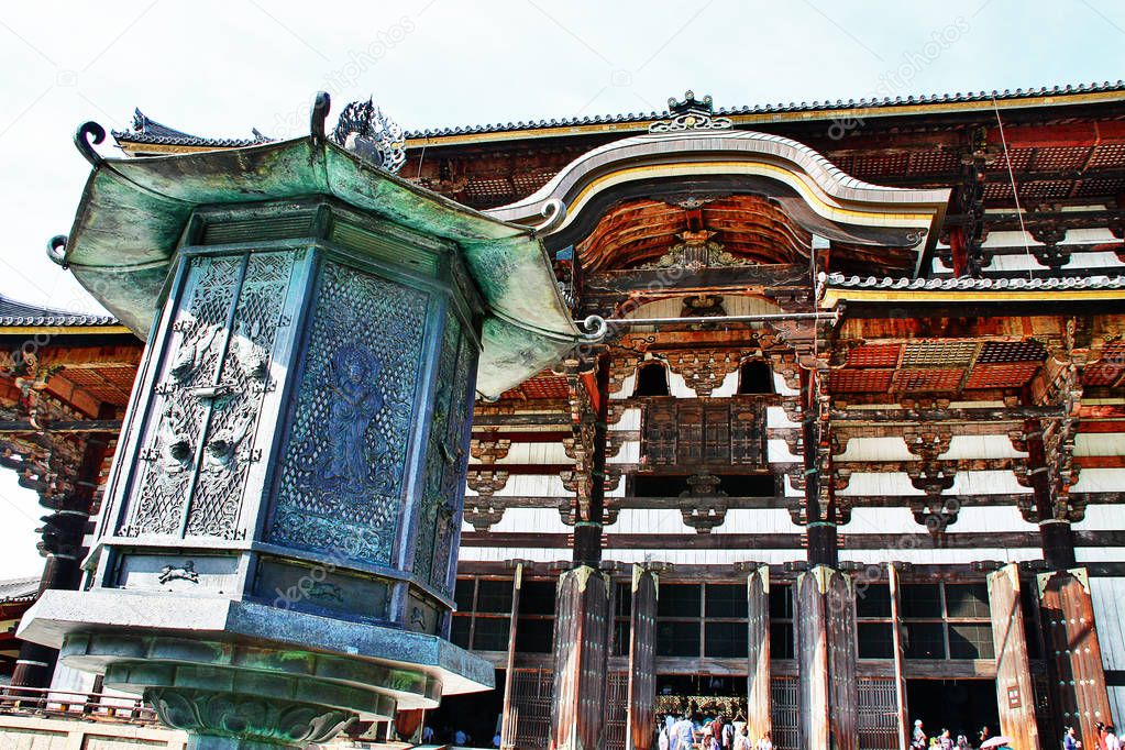 Bronze Lantern with Great Buddha Hall ( Daibutsuden) of Tdai-ji temple (, Eastern Great Temple), Nara ( Nara-shi), Nara Prefecture, Kansai region, Japan