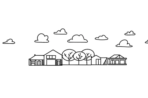 景观乡村元素剪影与房子云和树黑色细线插图上的白色背景 图库照片