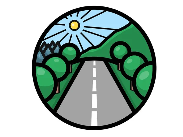 yol ve doğa elemanı logo illüstrasyon tarzı karikatür : ağaç güneş gökyüzü montain.  