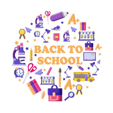 Okula, okul çantasına, üniversite binasına, karatahtaya, okul servisine, kırtasiyeye. Temel eğitim ve araç gereçler daire şeklindeki bir simgede. Düz çizgi film vektör çizimi.